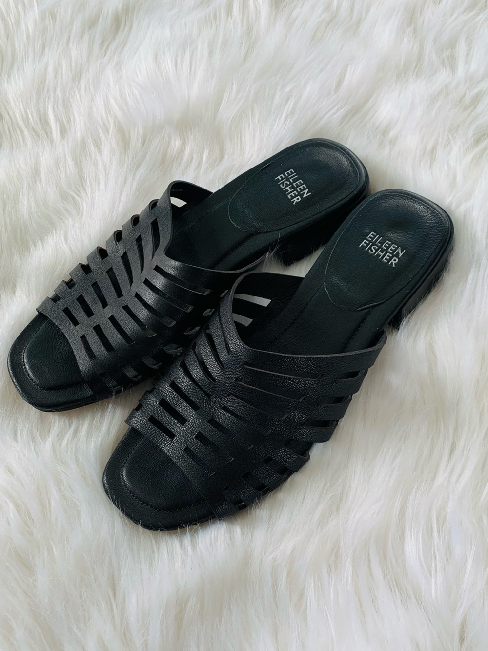 Eileen Fisher Fira slide sandals black leather caged cutout upper low block heel